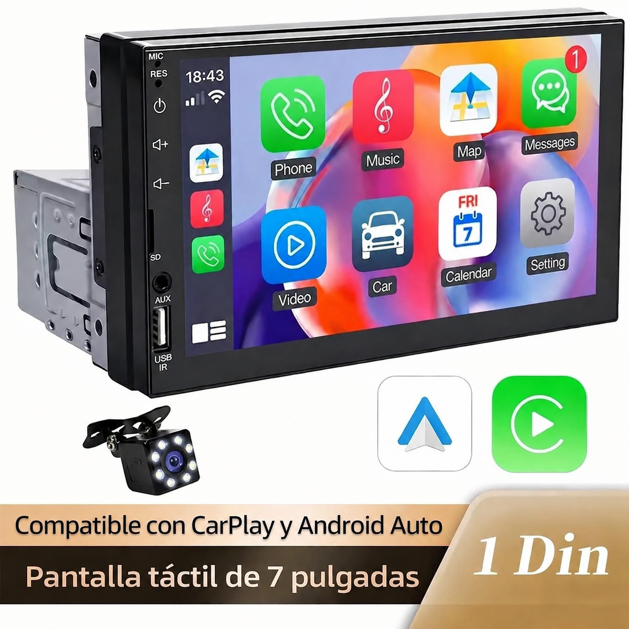 Radio para auto 1 DIN con pantalla táctil de 7" compatible con CarPlay y Android Auto
